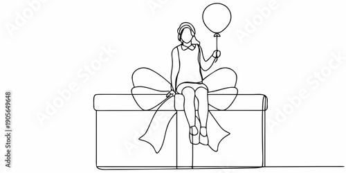 A girl sitting atop a gift box with a balloon in a continuous line drawing