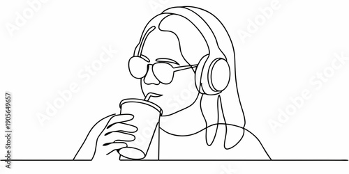 A continuous line drawing of a woman listening to music with a drink