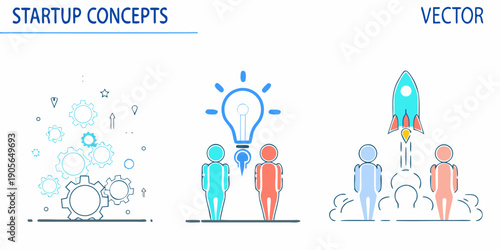 Startup concepts illustrated with gears lightbulb and a rocket launch