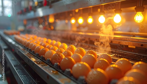 Eggs on conveyor under bright lights, likely food processing production