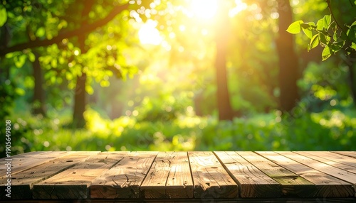 Sunlit forest scene with rustic wooden plank surface in foreground