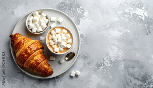 Croissant, hot drink, and marshmallows on a textured gray background