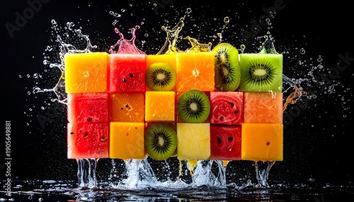 Cubed fruit mosaic with water splashes on black backdrop, vivid and refreshing