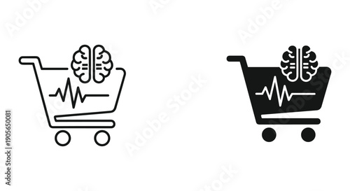 Hand drawn shopping cart icons with brain symbolizing smart consumer choices and retail psychology vector illustration