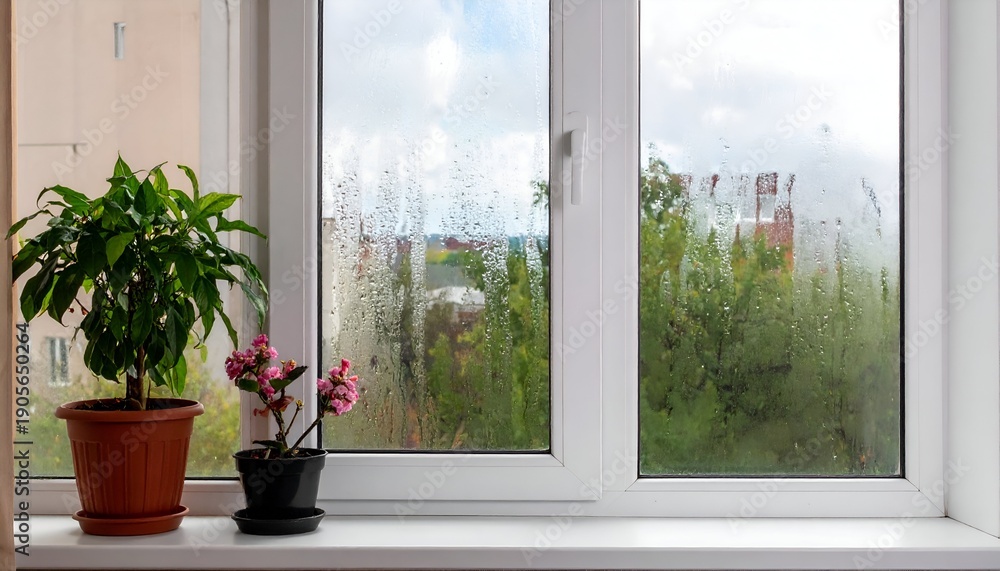 Fototapeta premium Window pane with condensation and plants, showcasing an outdoor view of greenery