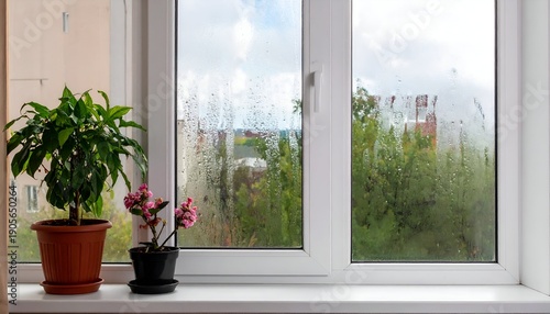 Window pane with condensation and plants, showcasing an outdoor view of greenery