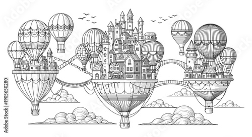Whimsical Steampunk Floating City with Hot Air Balloons and Rope Bridges Coloring Page