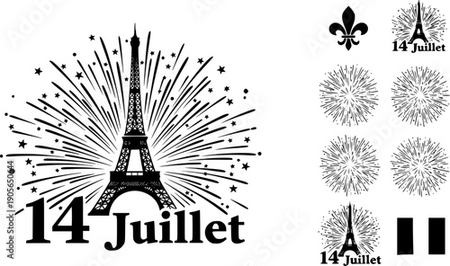 Bastille Day France Silhouette. Eiffel Tower with Celebration Fireworks. French National Day 14 Juillet Holiday Vector Graphic Elements.