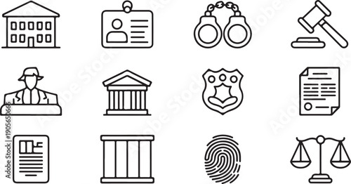 Criminal Justice System Icons Vector Set Monochrome