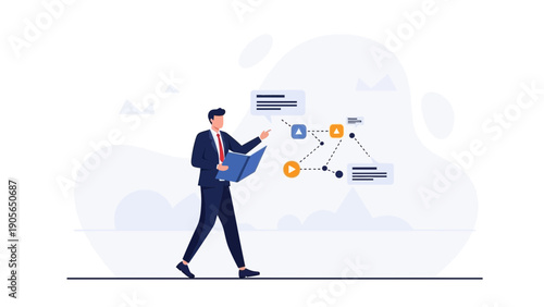 Businessman points to flowchart, planning strategy with abstract digital elements