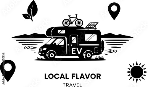 Electric Camper Van Silhouette. Sustainable Road Trip and Eco-Friendly Travel Concept at Lake. Modern Green Tourism and RV Life Vector.
