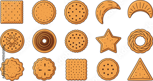 Assorted Biscuit and Cookie Shapes Set Isolated on White Background Flat Vector Illustration