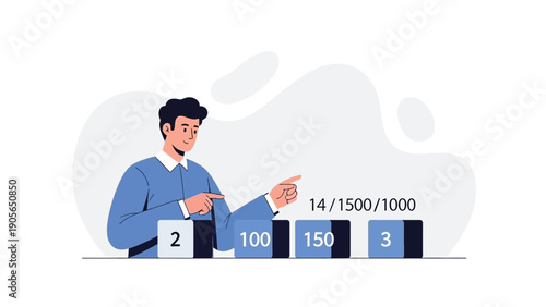 Man pointing at numbers on blocks, concept of calculation and data analysis