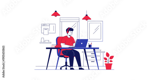 Man working diligently on his laptop at a modern desk.