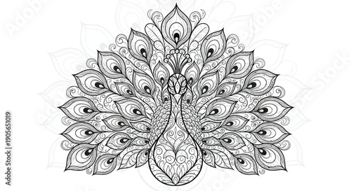 Detailed black and white peacock illustration with spread colorful feathers and intricate patterns on white background