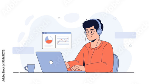 Focused student with headphones learning online on laptop, with charts on screen