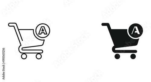 Shopping Cart Icon Set with Letter A, Black Outline and Fill Style, E-commerce Symbol