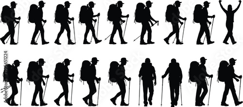 Black and white hiking silhouette collection featuring thirty backpackers with trekking poles in various walking poses for outdoor adventure design