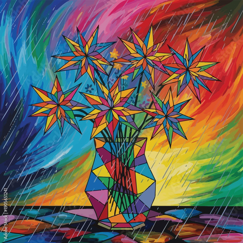 Vibrant colorful flowers in a geometric vase on a table with a rainbow background and raindrops