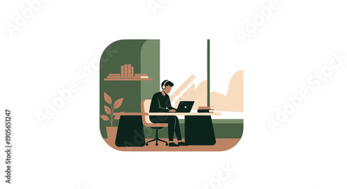 Man working diligently on laptop in modern office setting.