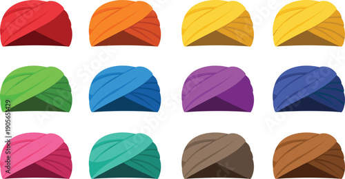 Colorful Turban Hat Set Isolated on White Background Flat Vector Illustration