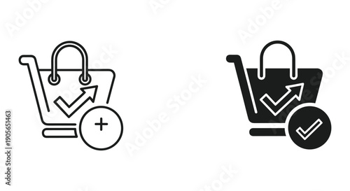 Shopping Cart Icons with Checkmark and Plus Sign on White Background