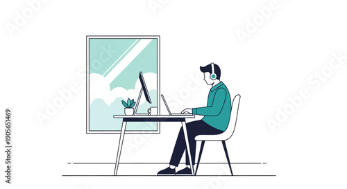 Man working on computer with headphones on.