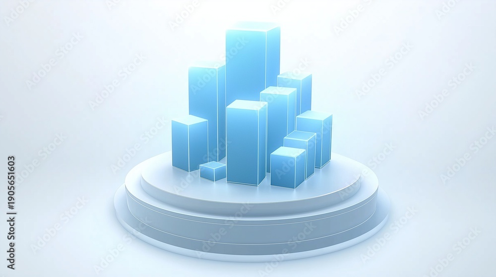 Fototapeta premium A bar graph on a podium, with a light blue color scheme and a white background, showcasing data visualization, business analysis, and corporate concept
