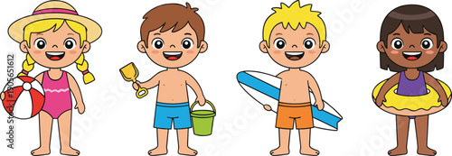 Cute Kids in Beachwear Set Isolated on White Background Cartoon Vector Illustration