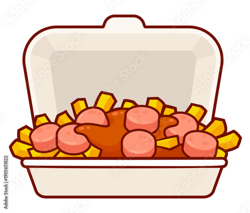 Currywurst mit Pommes, traditional German fast food in takeout box. Potato fries with sausage and curry ketchup. Isolated vector clipart illustration.