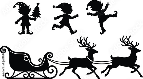 Christmas elf and reindeer sleigh silhouette set festive holiday characters winter celebration black vector illustration