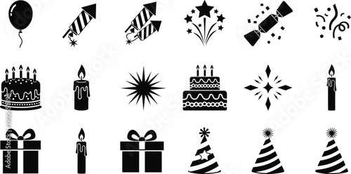 Celebration party icon silhouette set fireworks cake candle gift balloon festive illustration isolated white background