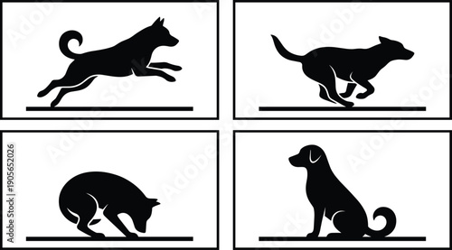 Dog silhouette running jumping crouching sitting pose set pet animal illustration black shapes isolated white background