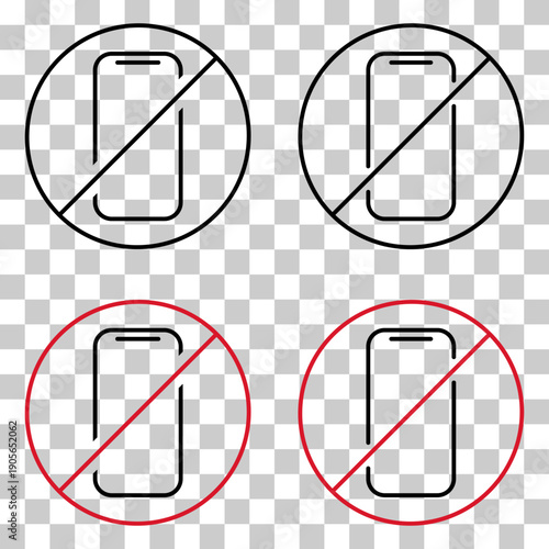 Set of Mobile forbidden icon, no use phone sign, ban smartphone label vector illustration .