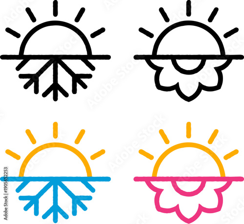 Summer and winter solstice or equinox symbol. Half sun, half snowflake for winter, flower for summer. Minimal hand drawn doodle abstract logo or icon.