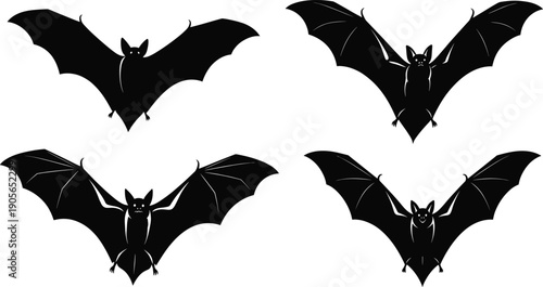 Flying Bat Silhouette Set Isolated on White Background Flat Vector Illustration