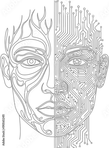 Abstract black and white line art illustration conceptualizing the duality between organic human nature and advanced artificial intelligence technology.