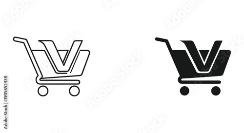 Shopping Cart Icon Set with Outline and Solid Styles on White Background