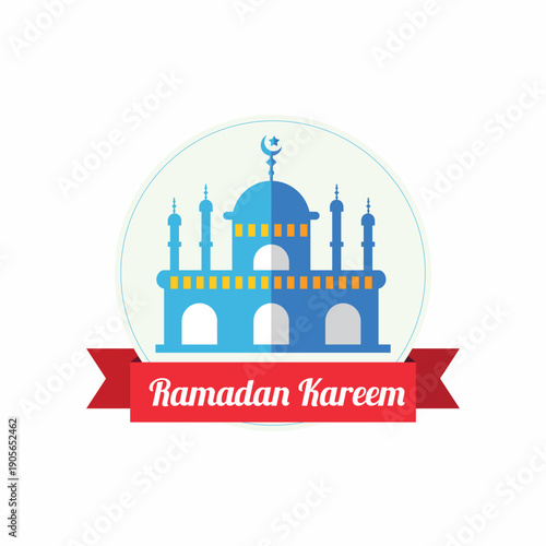 Ramadan Kareem: A vibrant illustration of a mosque, adorned with a crescent moon, conveys a message of goodwill, set against a festive red banner.