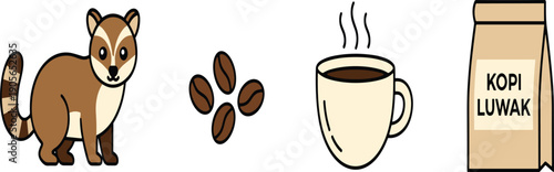 Kopi Luwak Coffee Concept Set Isolated on White Background Flat Vector Illustration