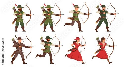 Set of eight cartoon medieval archer characters featuring male and female fantasy hunters with bows and arrows in flat design style