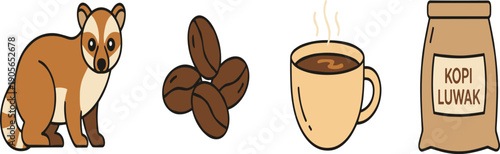 Kopi Luwak Coffee Production Concept Set Isolated on White Background Flat Vector Illustration