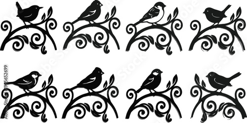 Ornamental bird silhouette set perched on decorative branches vintage floral nature illustration black elegant design