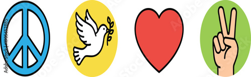 Peace Symbols and Love Icons Set Isolated on White Background Flat Vector Illustration