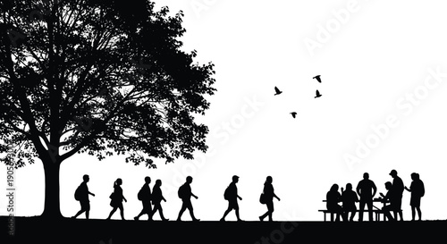 People silhouette walking and gathering under tree outdoor park scene social life illustration isolated background