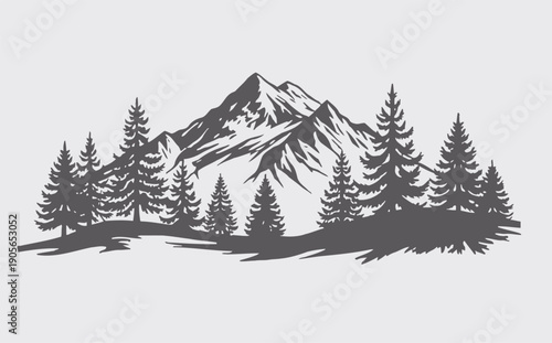 Mountain landscape with pine trees on a hillside