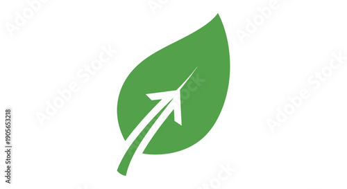 Green leaf logo with a white arrow pointing upwards on a plain white background, symbolizing eco-friendly growth and progress.