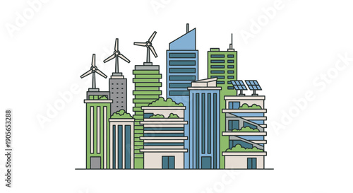 Illustration of a modern eco-friendly cityscape with wind turbines and solar panels on buildings against a white background.
