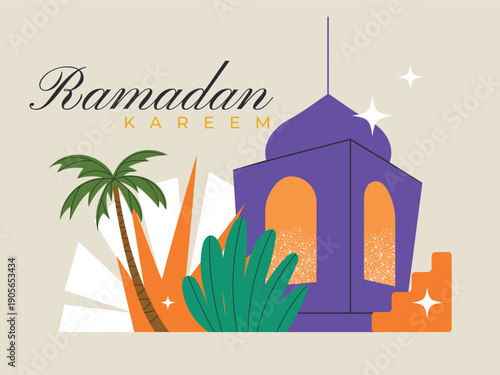 Ramadan kareem geometric shapes, lantern and palm tree, greetings ramadan