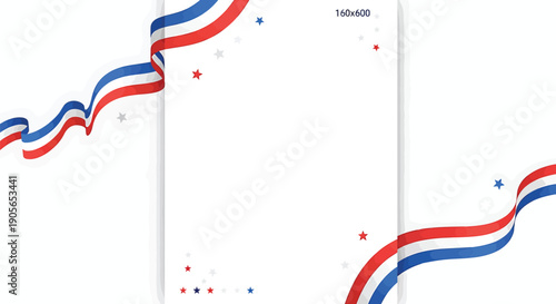 Patriotic ribbon banner template with red, white, and blue stripes and stars, for website or social media header, overlay effect, vector